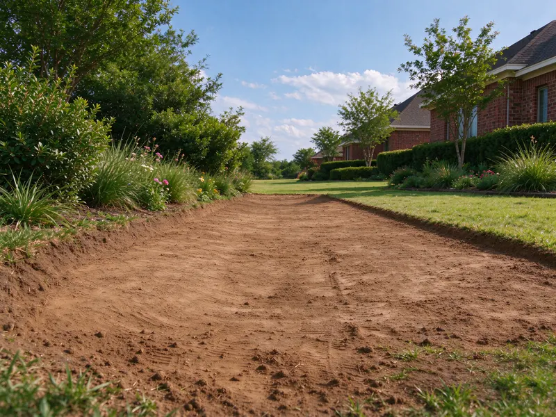 Broad dry graded soil beside residential landscaping