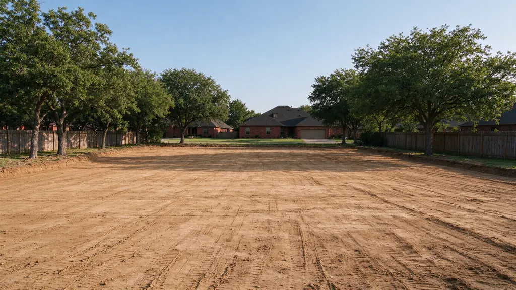 Broad graded residential lot with light track texture and surrounding fences