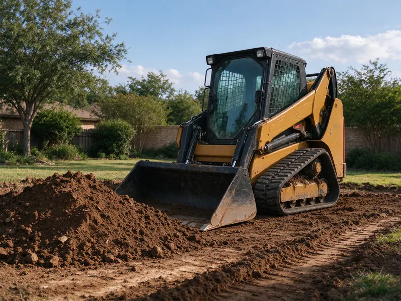 Compact tracked loader with its bucket resting beside loose soil