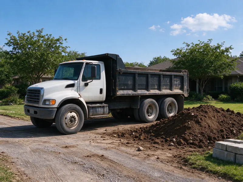 Dump truck beside soil staging area in Frisco, Texas