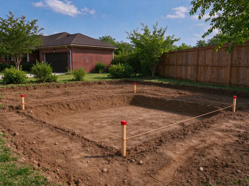 Foundation excavation with a dry bottom and perimeter layout stakes