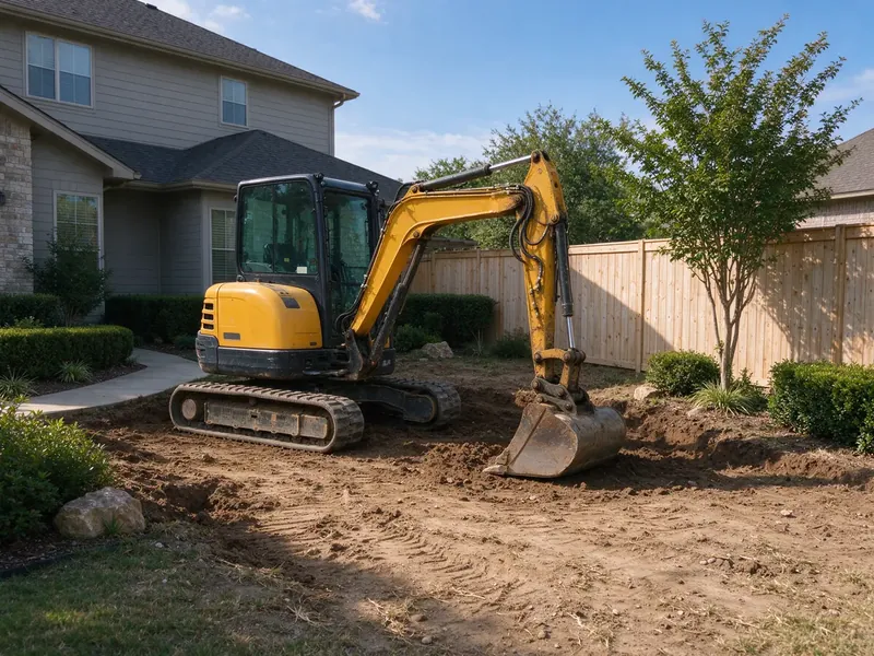 Mini excavator parked with side clearance in Frisco, Texas