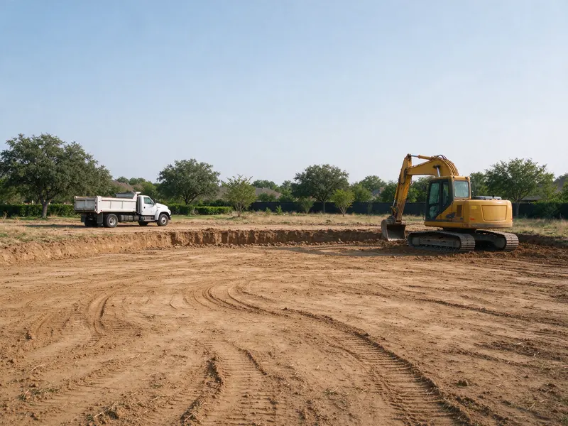 Open soil staging surface with tire impressions beside excavation equipment