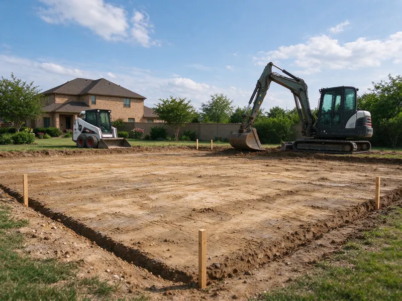 Rough prepared clay footprint and layout stakes before granular pad placement