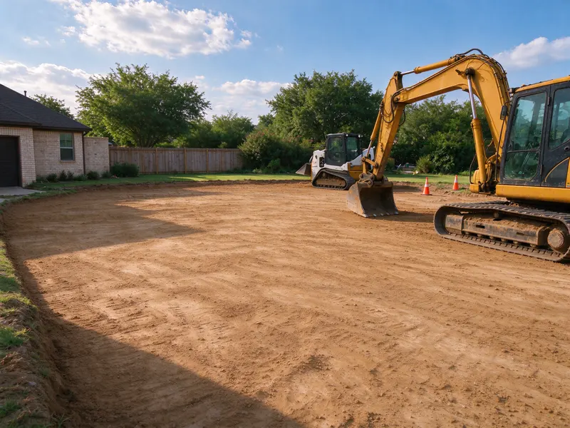 Smooth graded ground with the surrounding house and equipment retained