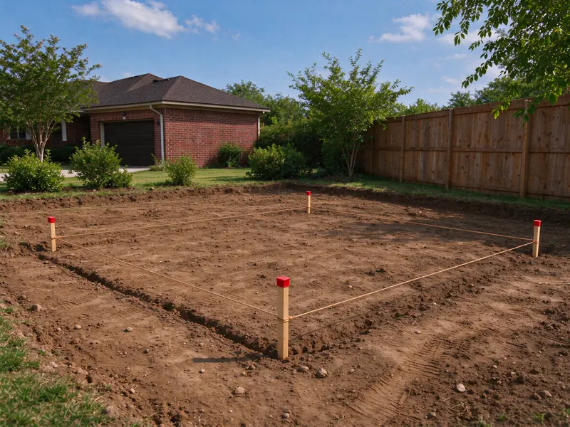 Staked foundation layout on already prepared soil before main excavation
