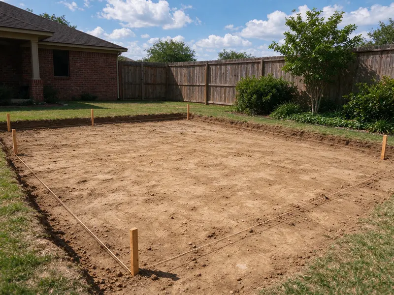 Staked residential footprint on already stripped soil before main excavation