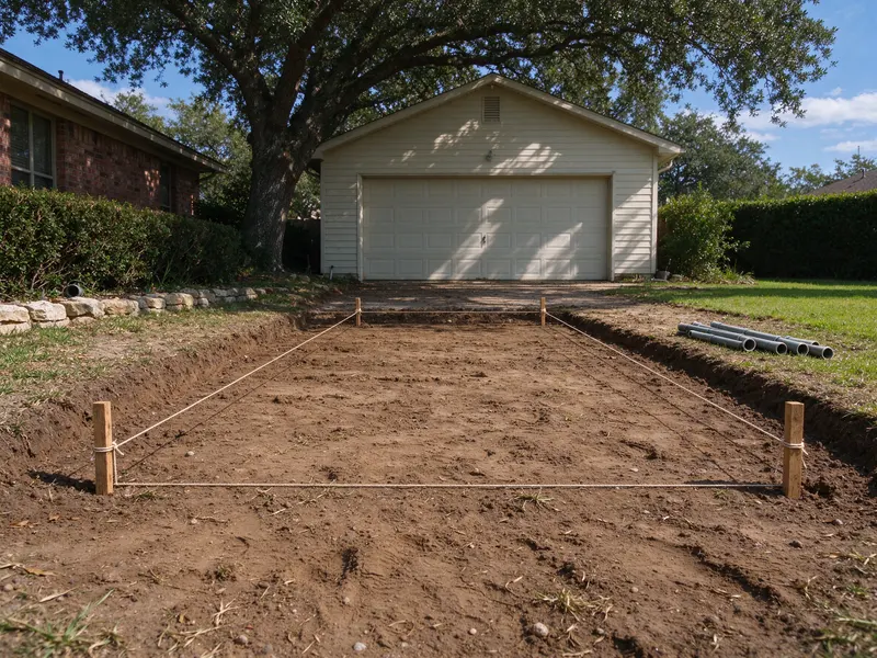 Stakes and connected strings within a prepared driveway footprint
