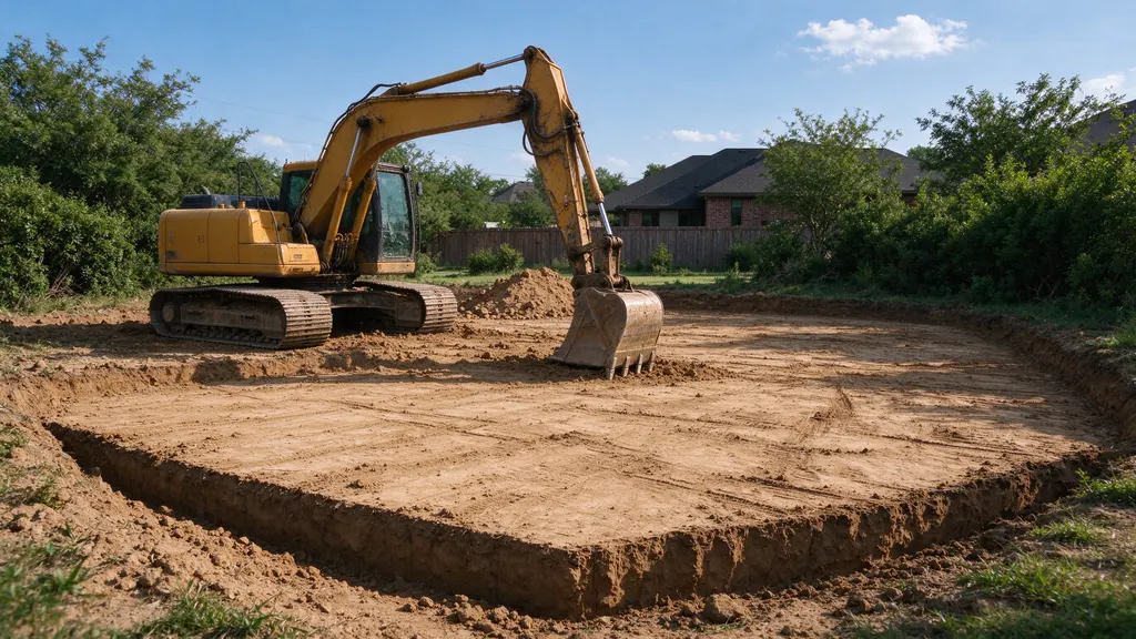 Tracked excavator beside a prepared earth pad and perimeter excavation in a North Texas residential setting